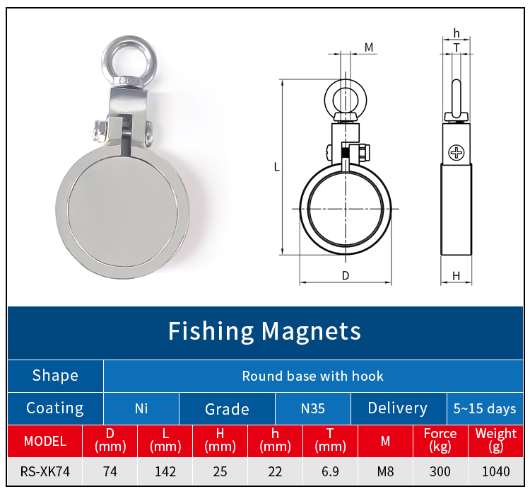 Hochfester Neodym-Angelmagnet mit 300 kg Zugkraft, Durchmesser 74 mm, doppelseitiger SST-Ringschraube